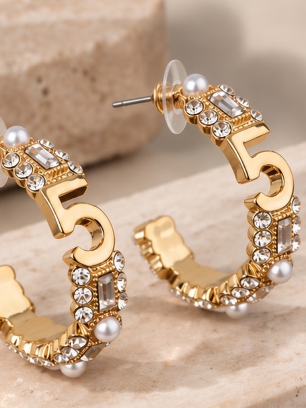 Designer Inspired Gold Pearl & Crystal 5 Hoop Earrings